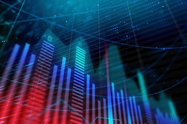 Yaratıcı parlayan forex grafik çizgileri ve çubukları ile karanlık duvar kağıdı üzerinde. Yatırım ve para birimi döviz kavramı. 3D render 