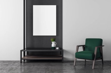 Modern iç sehpa, koltuk ve boş Pano Duvar ile. Alay etmek yukarıya, 3d render 