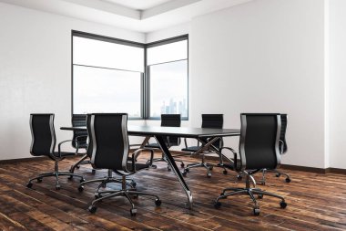 Modern yatılı oda iç mobilya ile panoramik kent görünümü ve kopya alanı duvarda. Alay etmek yukarıya, 3d render 