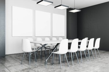 Modern Konferans/toplantı odası iç duvar boş posteri ile. Reklam kavramı. Alay etmek yukarıya, 3d render 