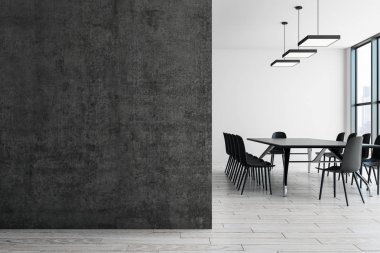 Minimalist odası iç kopya alanı Duvar ile Toplantı. Alay etmek yukarıya, 3d render 