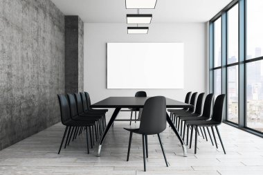 Çağdaş Konferans/toplantı odası iç duvar boş posteri ile. Reklam kavramı. Alay etmek yukarıya, 3d render 