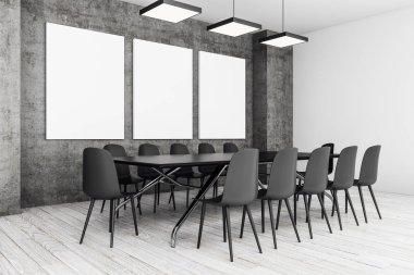 Modern Konferans/toplantı odası iç duvar boş afiş ile. Reklam kavramı. Alay etmek yukarıya, 3d render 