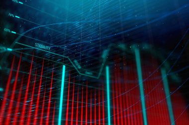 Yaratıcı parlayan forex grafik çizgileri ve çubukları ile koyu zemin üzerinde. Yatırım ve para birimi döviz kavramı. 3D render 