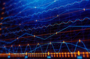 Yaratıcı parlayan forex grafik çizgileri ve çubukları ile karanlık duvar kağıdı üzerinde. Yatırım ve finans genel kavram. 3D render 