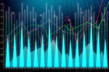 Yaratıcı parlayan forex grafik çizgileri ve çubukları ile koyu zemin üzerinde. Yatırım ve analytics kavramı. 3D render 