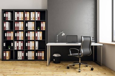 Temiz ofis iç çalışma alanı ve kopya alanı beton duvar ile. Alay etmek yukarıya, 3d render 
