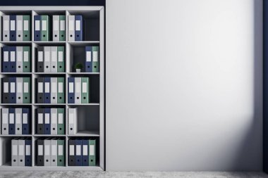 Modern ofis oda iç belge raflar ve kopya alanı beton duvar ile. Alay etmek yukarıya, 3d render 