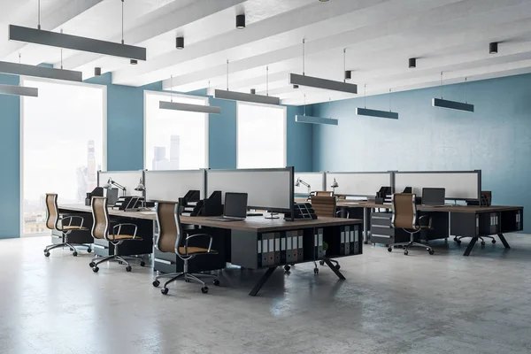 Moderno Interior Oficina Coworking Con Vistas Panorámicas Ciudad Estilo Diseño — Foto de Stock