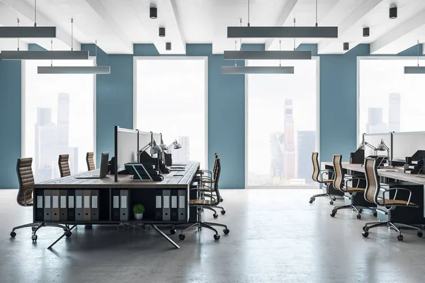 Yeni panoramik kent manzaralı ofis iç coworking. Stil, tasarım ve iş yeri kavramı. 3D render 