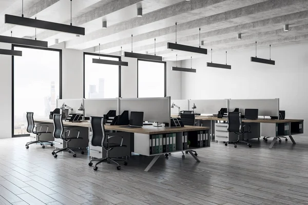 Çağdaş panoramik kent manzaralı ofis iç coworking. Stil, tasarım ve iş yeri kavramı. 3D render 