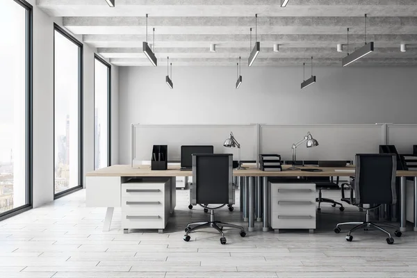 Beton panoramik kent manzaralı ofis iç coworking. Stil, tasarım ve iş yeri kavramı. 3D render 