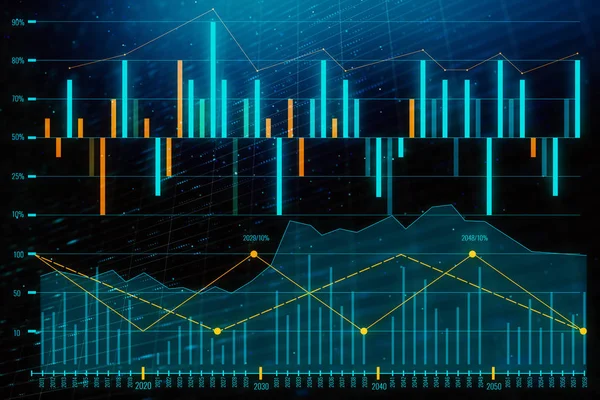 Yaratıcı parlayan forex grafik çizgileri ve çubukları ile koyu zemin üzerinde. Hisse senedi ve yatırım kavramı. 3D render 