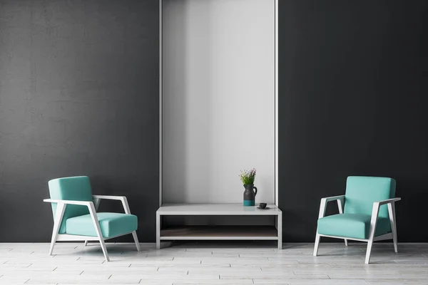 Çağdaş iç kahve masasıyla, koltuk ve kopya alan duvarda. Alay etmek yukarıya, 3d render 