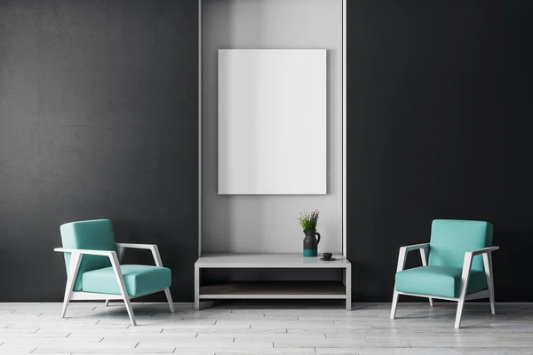 Modern iç sehpa, koltuk ve duvar boş afiş. Alay etmek yukarıya, 3d render 