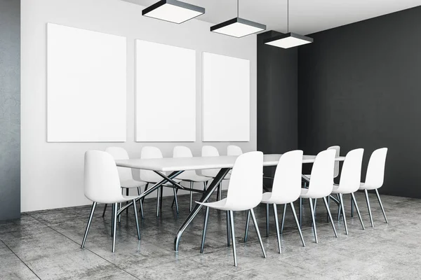 Modern Konferans/toplantı odası iç duvar boş posteri ile. Reklam kavramı. Alay etmek yukarıya, 3d render 