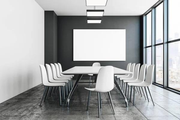 Modern Konferans/toplantı odası iç duvar üzerinde boş billboard ile. Reklam kavramı. Alay etmek yukarıya, 3d render 