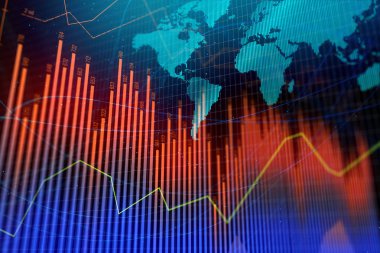 Parlak parlayan forex grafik arka plan harita ile. Küresel iş, hisse senedi ve ticaret kavramı. 3D render 