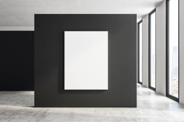 Modern sergi salonu iç boş billboard, şehir manzaralı ve gün ışığı. Alay etmek yukarıya, 3d render 