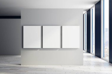Modern sergi salonu iç boş afiş, şehir manzaralı ve gün ışığı. Alay etmek yukarıya, 3d render 