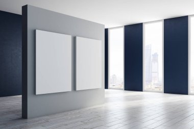 Modern sergi salonu iç boş afiş, şehir manzaralı ve gün ışığı ile yan görünüm. Alay etmek yukarıya, 3d render 
