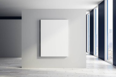 Modern sergi salonu iç boş poster, şehir manzaralı ve gün ışığı. Alay etmek yukarıya, 3d render 