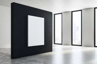 Modern sergi salonu iç boş billboard, şehir manzaralı ve gün ışığı ile yan görünüm. Alay etmek yukarıya, 3d render 