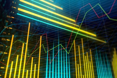 Analiz, istatistik ve ekonomi kavramı. Parlak parlayan forex grafik duvar kağıdı. 3D render 