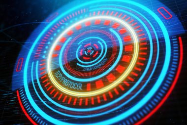 Yuvarlak dijital iş arabirim mavi zemin üzerinde. Yenilik, gelecek ve medya kavramı. 3D render 