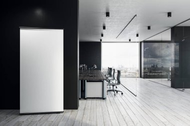 Modern ofis iç duvar ve şehir görünümünde boş reklam birlikte coworking. Alay etmek yukarıya, 3d render 