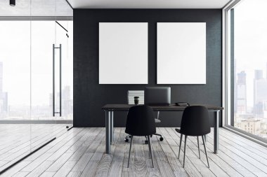 Modern ofis içi boş billboard, işyeri, şehir manzaralı ve gün ışığı. Alay etmek yukarıya, 3d render 