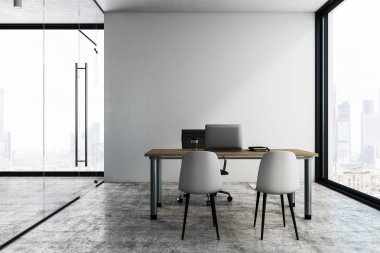 Modern ofis iç mobilya ile şehir görünümü ve kopya alanı duvarda. Alay etmek yukarıya, 3d render 