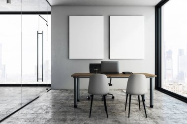 Modern ofis içi boş poster, işyeri, şehir manzaralı ve gün ışığı. Alay etmek yukarıya, 3d render 