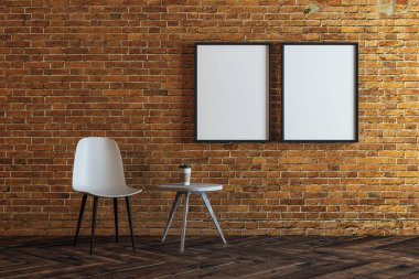 Modern comfortbale tuğla iç sandalye, küçük sehpa ve duvar boş poster ile ev. Alay etmek yukarıya, 3d render 