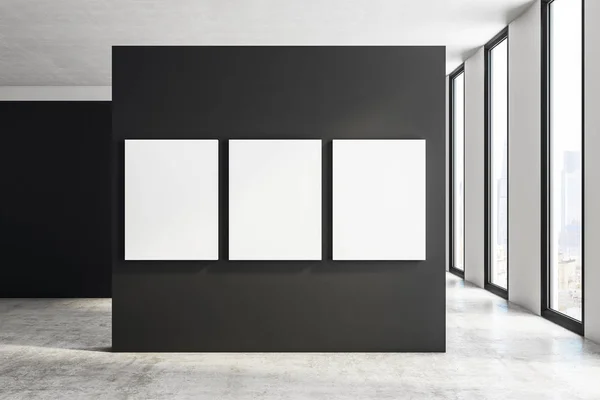 Çağdaş sergi salonu iç boş poster, şehir manzaralı ve gün ışığı. Alay etmek yukarıya, 3d render 