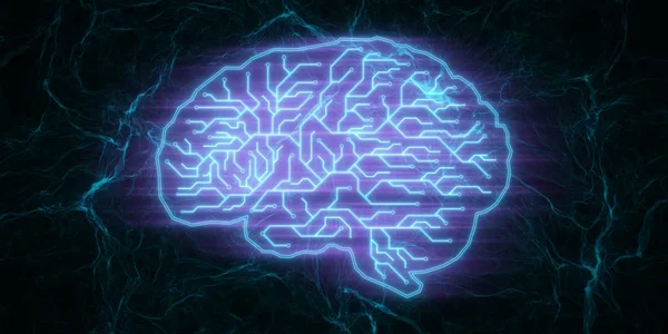 Yaratıcı parlayan mavi devre beyin duvar kağıdı. Bilgi işlem ve AI kavramı. 3D render 