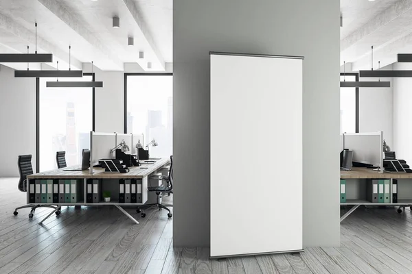 Modernes Coworking Interieur Mit Möbeln Tageslicht Und Leeren Werbetafeln Werbekonzept — Stockfoto