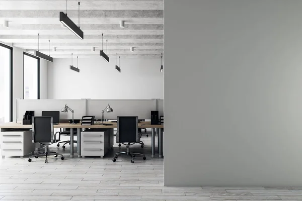 Ofis iç ekipmanları ile coworking çağdaş, mobilya, gün ışığı ve kopya beton duvara uzay. Alay etmek yukarıya, 3d render 