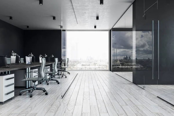 Neues Coworking Bürointerieur Mit Stadtblick Tageslicht Und Ausstattung Arbeitsplatzgestaltung Darstellung — Stockfoto