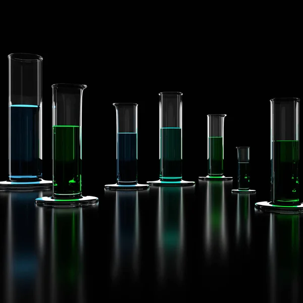 Creative dark lab background with tubes and reflections. Medicine and science concept. 3D Rendering