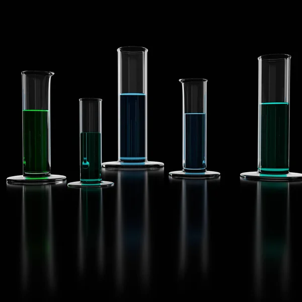 Creative dark lab backdrop with tubes and reflections. Medicine and science concept. 3D Rendering