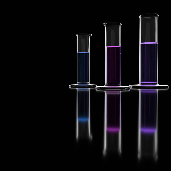 Creative dark lab wallpaper with tubes and reflections. Medicine and science concept. 3D Rendering