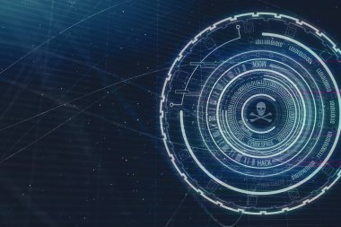 Parlak yuvarlak dijital kafatası ve kemik arayüzü arka plan geçti. Web saldırı, hacker ve bilgi. 3D render 