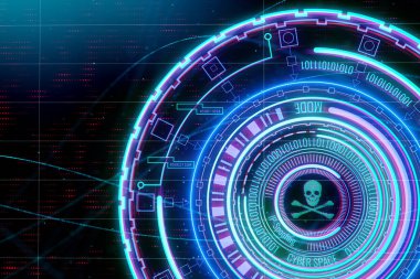 Parlak yuvarlak dijital kafatası ve kemik arayüzü arka plan geçti. Web saldırı, hacker ve güvenlik. 3D render 