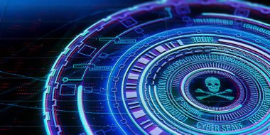 Parlak yuvarlak dijital kafatası ve kemik arayüzü arka plan geçti. Web saldırı, hacker ve virüs bulaşmış. 3D render 