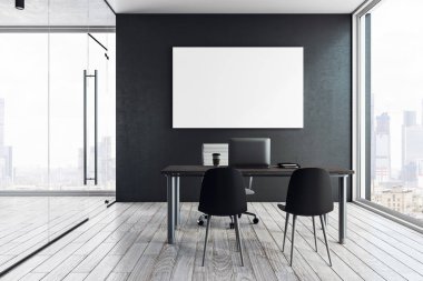 Parlak ofis iç boş poster, işyeri, şehir manzaralı ve gün ışığı. Alay etmek yukarıya, 3d render 