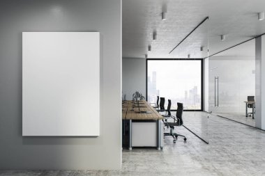 Modern ofis iç duvar ve şehir görünümünde boş posteri ile coworking. Alay etmek yukarıya, 3d render 