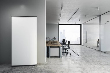 Modern ofis iç duvar ve şehir görünümünde boş afiş ile coworking. Alay etmek yukarıya, 3d render 