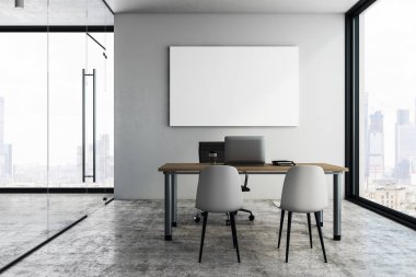Modern ofis içi boş afiş, işyeri, şehir manzaralı ve gün ışığı. Alay etmek yukarıya, 3d render 