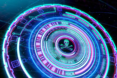 Parlak yuvarlak dijital kafatası ve kemik arayüzü arka plan geçti. Web saldırı, hacker ve suç. 3D render 